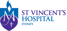 Logo of St Vincent's Hospital with the words St Vincent in purple text and the word Hospital and Sydney in blue text. There is a logo in the shape of a shield in purple and blue. It has a flame at the top of the shield, a letter M in the middle and a cross, bottom right.
