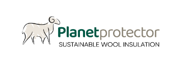 A white background with the image of a ram to the left of the logo in light grey. The text on the logo states Planet protector as one word with planet in green and protector in grey. Underneath this wording are the words sustainable wool insulation.