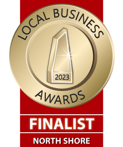 Gold circular award logo with the text Local business awards 2023, finalist, north shore all in capital letter on a red background